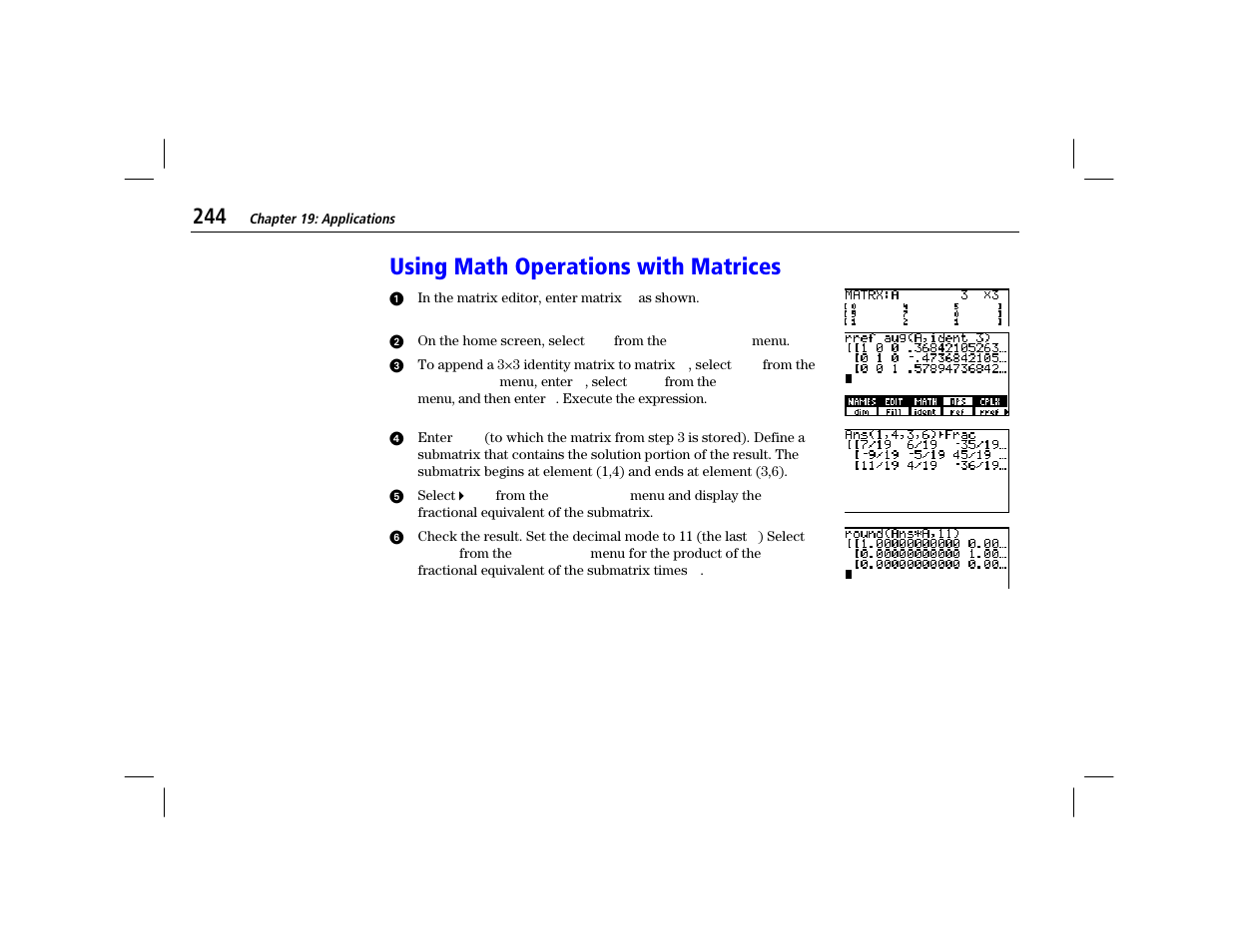 Using math operations with matrices | Texas Instruments TI-86 User Manual | Page 256 / 431