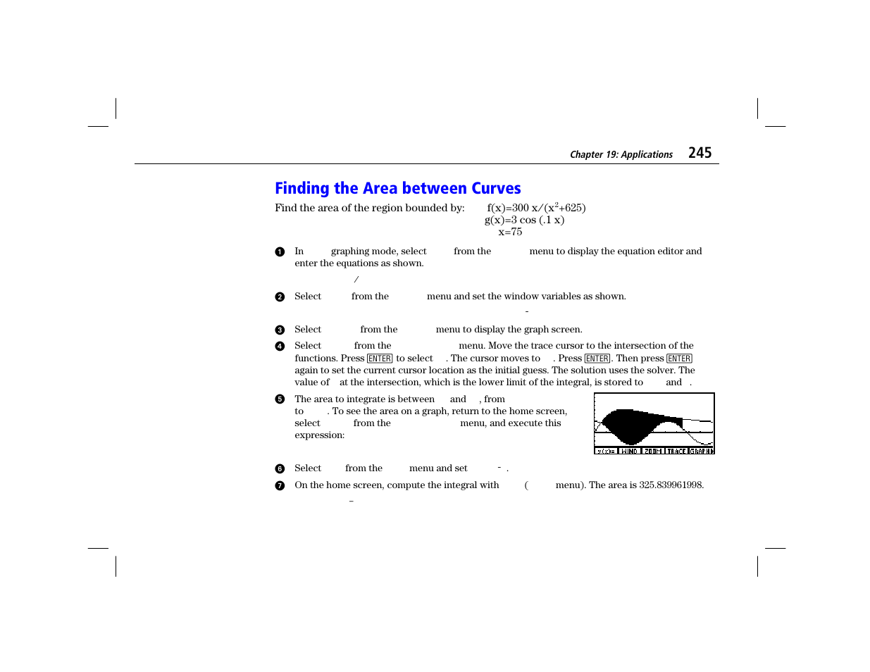 Finding the area between curves | Texas Instruments TI-86 User Manual | Page 257 / 431
