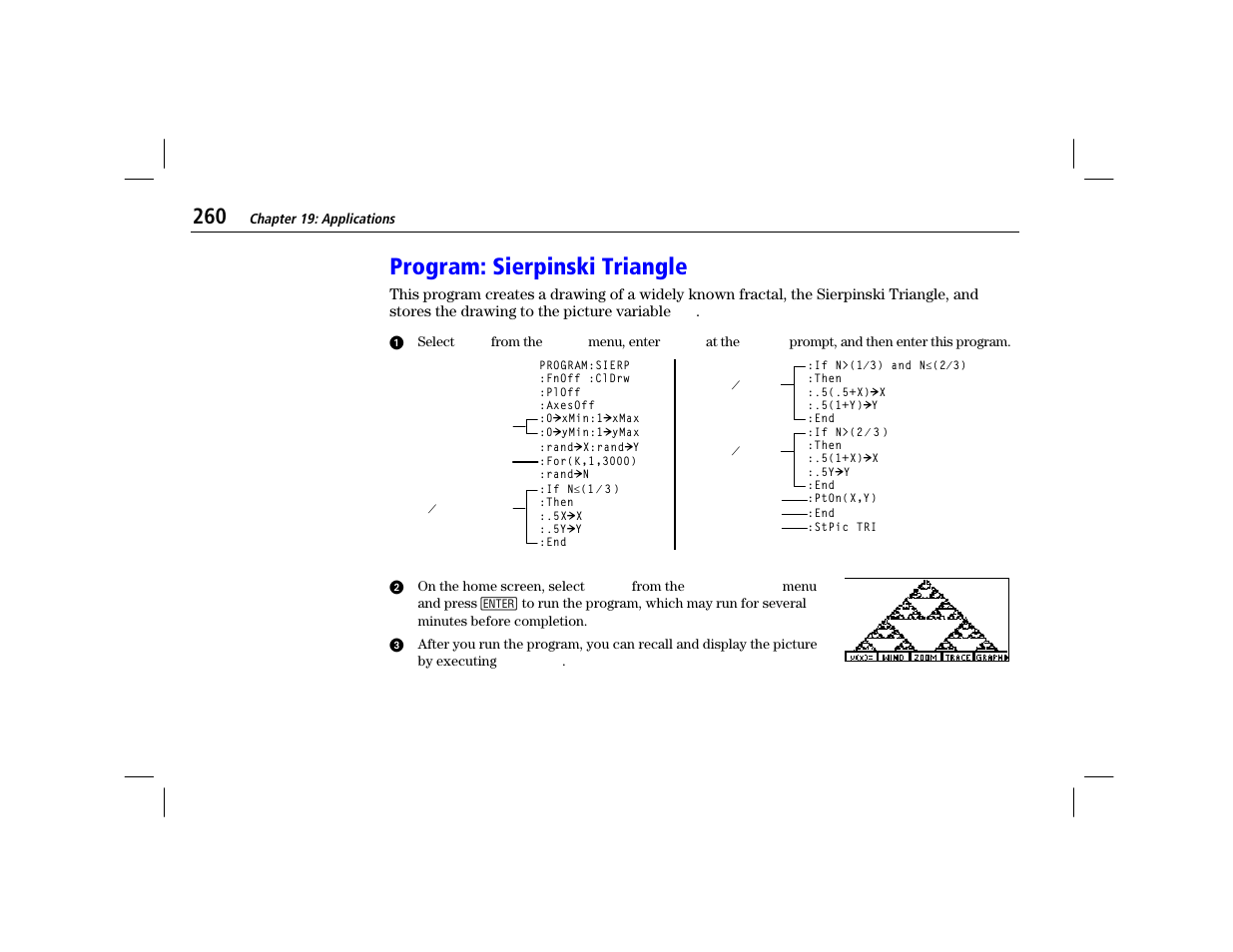 Program: sierpinski triangle | Texas Instruments TI-86 User Manual | Page 272 / 431