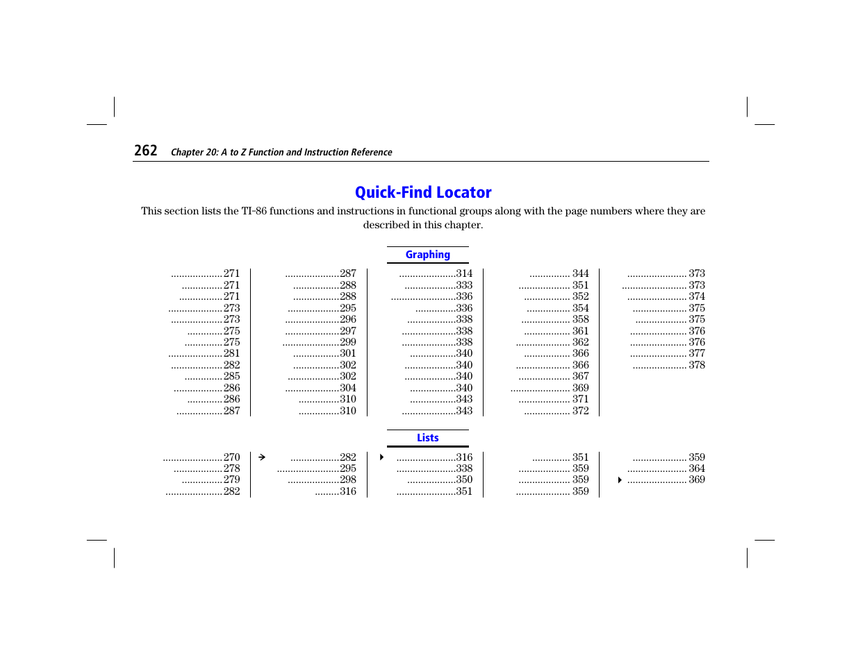 Quick-find locator, Graphing, Lists | Texas Instruments TI-86 User Manual | Page 274 / 431