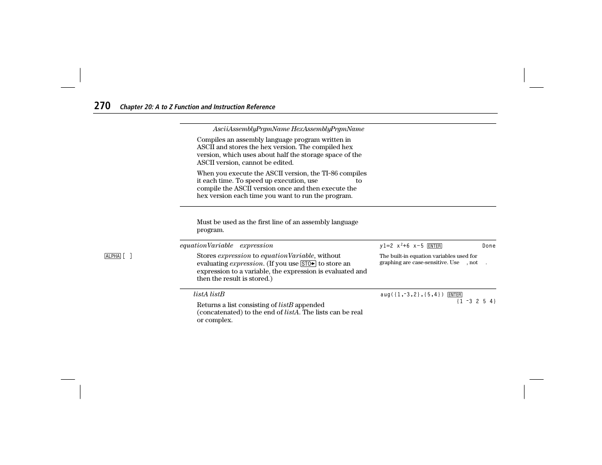 Asmcomp, Asmprgm, Assignment | Texas Instruments TI-86 User Manual | Page 282 / 431