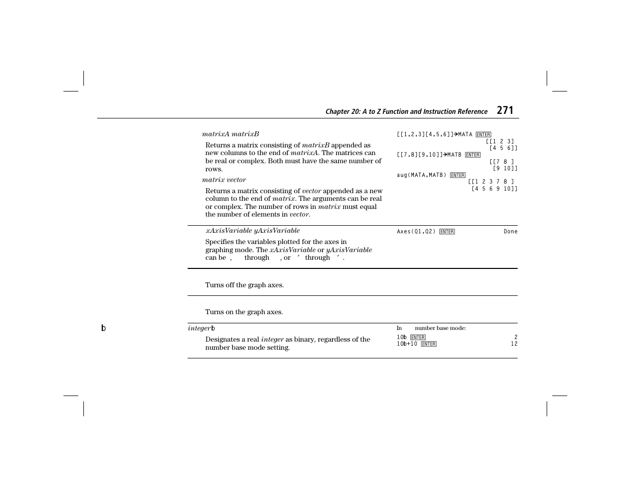 Axes, Axesoff, Axeson | B (integer b) | Texas Instruments TI-86 User Manual | Page 283 / 431