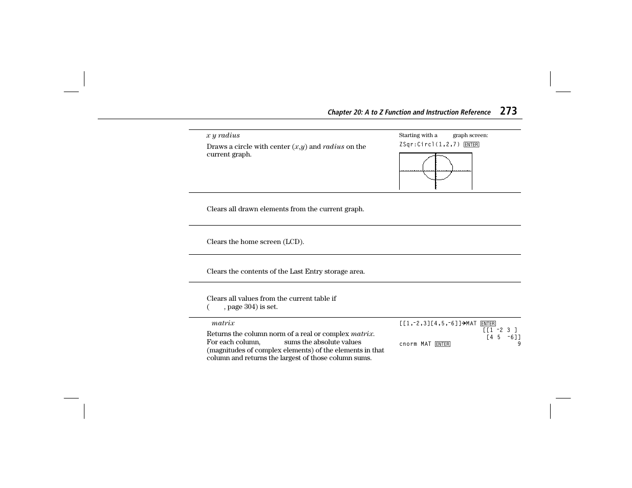 Circl, Cldrw, Cilcd | Clrent, Cltbl, Cnorm | Texas Instruments TI-86 User Manual | Page 285 / 431