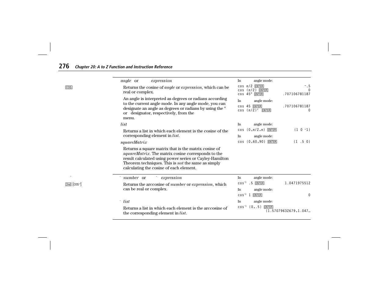 Cos^-1 | Texas Instruments TI-86 User Manual | Page 288 / 431