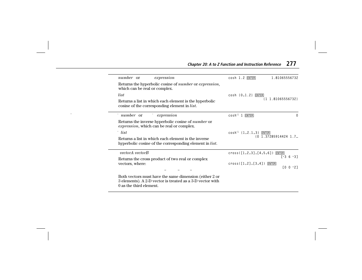 Cosh, Cosh^-1, Cross | Texas Instruments TI-86 User Manual | Page 289 / 431