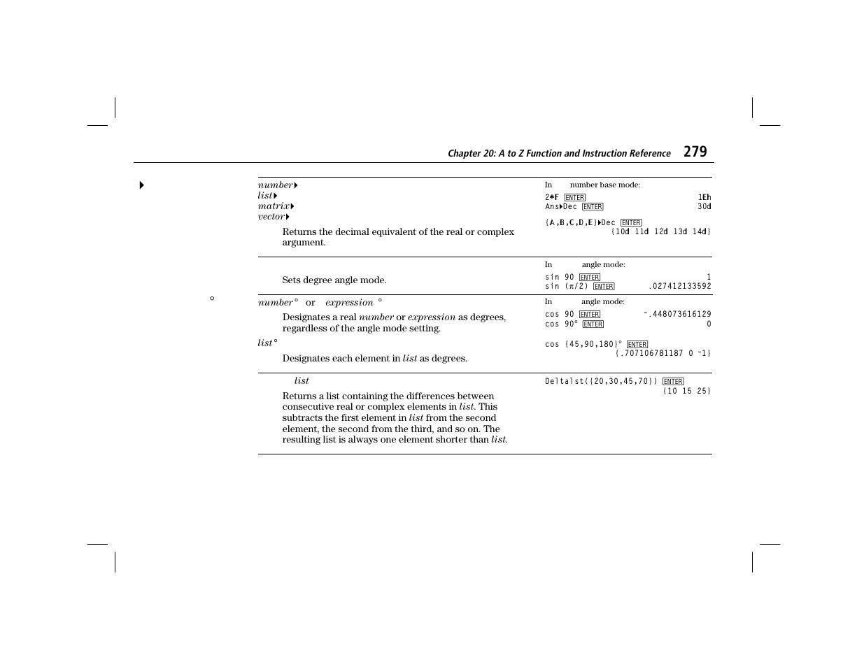 Degree, Degree entry, Deltalst | 4dec | Texas Instruments TI-86 User Manual | Page 291 / 431