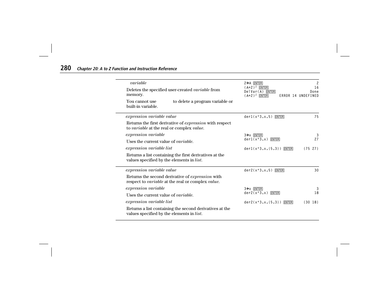Delvar, Der1, Der2 | Texas Instruments TI-86 User Manual | Page 292 / 431