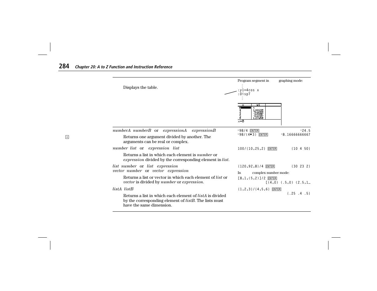 Dispt, Division | Texas Instruments TI-86 User Manual | Page 296 / 431