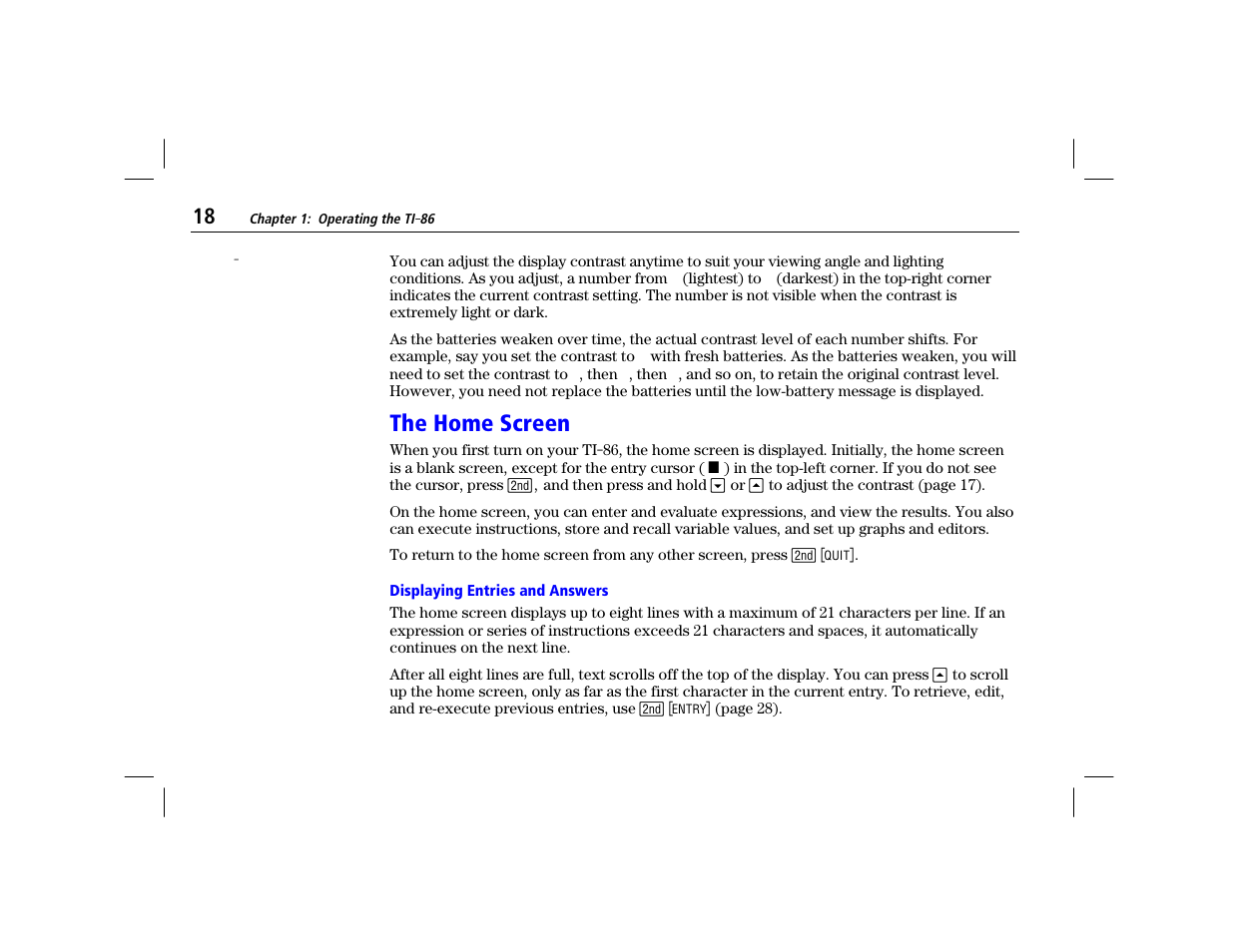 The home screen, Displaying entries and answers | Texas Instruments TI-86 User Manual | Page 30 / 431