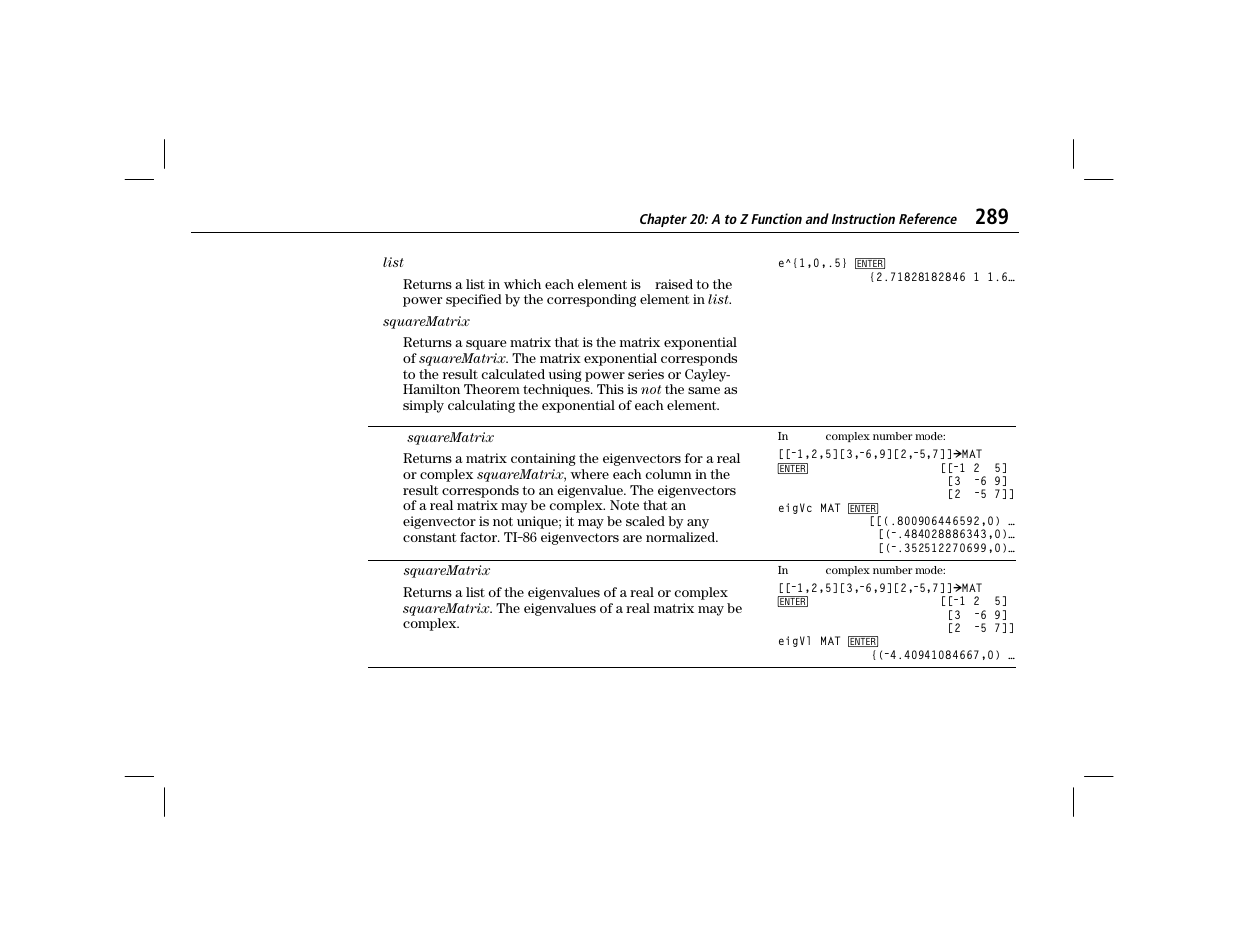 Eigvc, Eigvl | Texas Instruments TI-86 User Manual | Page 301 / 431