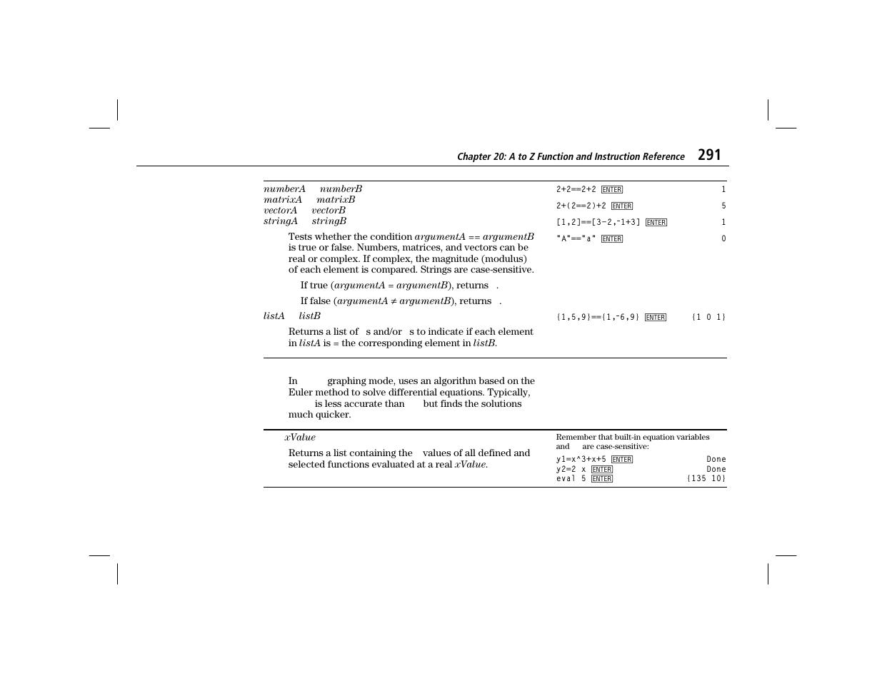 Equal to, Euler, Eval | Texas Instruments TI-86 User Manual | Page 303 / 431