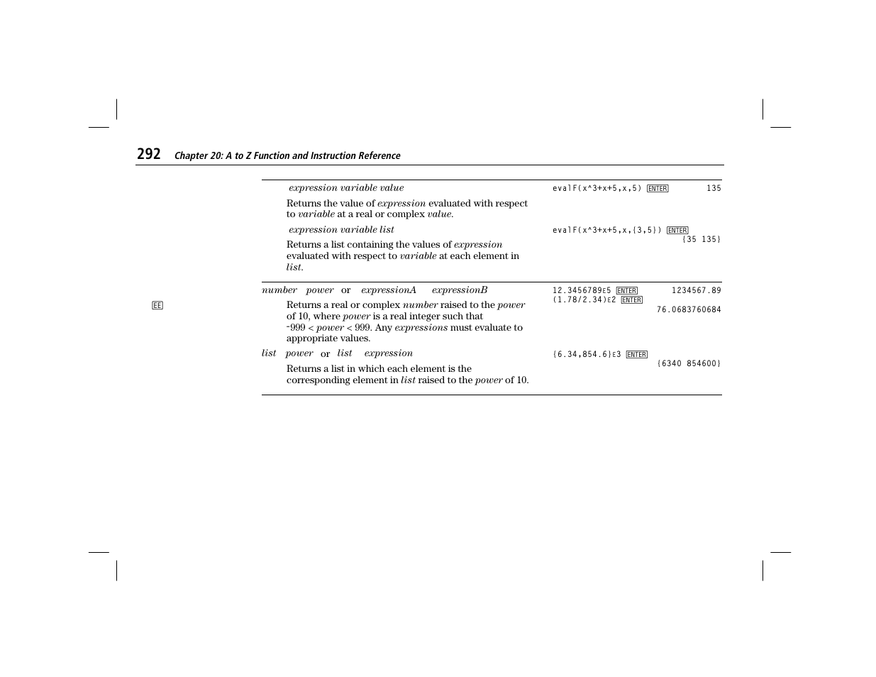 Evalf, Exponent: e | Texas Instruments TI-86 User Manual | Page 304 / 431