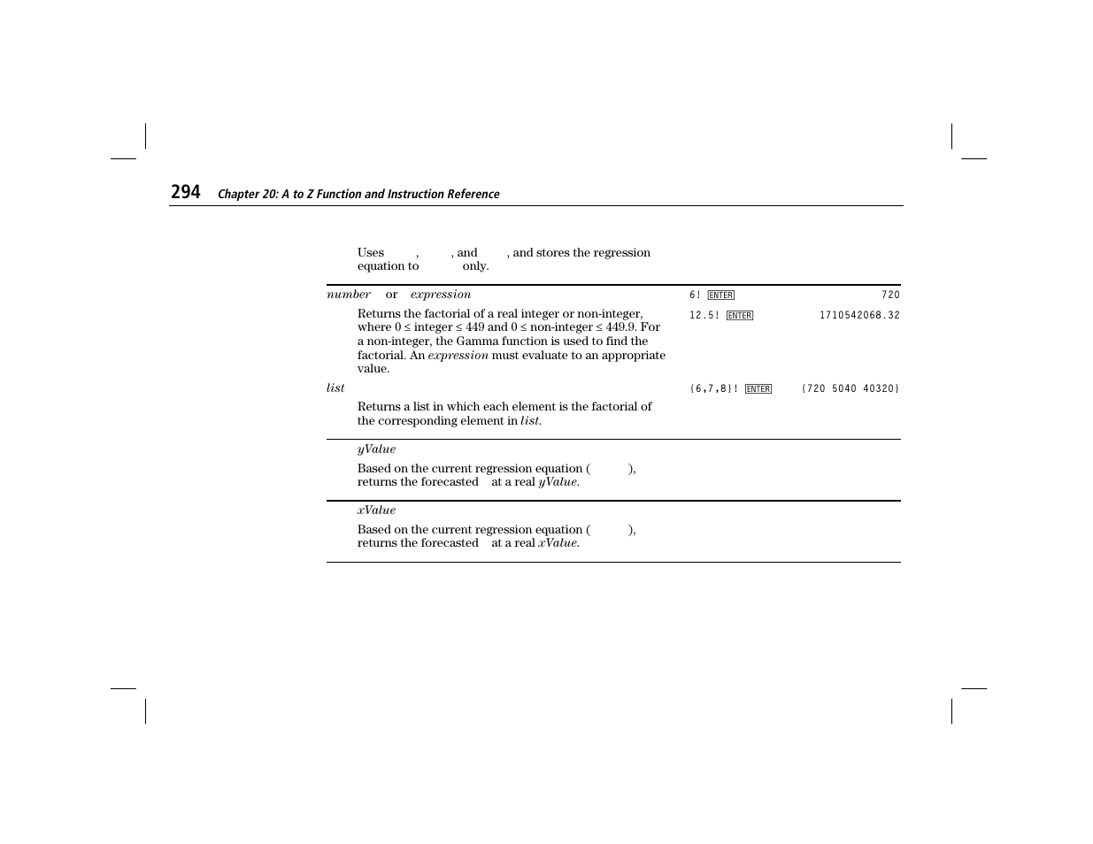 Factorial, Fcstx, Fcsty | Texas Instruments TI-86 User Manual | Page 306 / 431