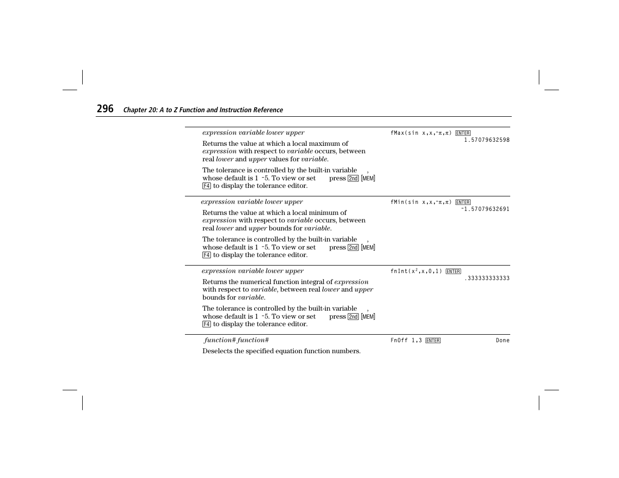 Fmax, Fmin, Fnint | Fnoff | Texas Instruments TI-86 User Manual | Page 308 / 431