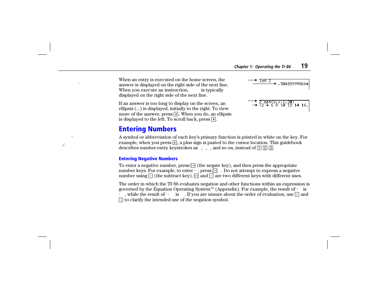 Entering numbers, Entering negative numbers | Texas Instruments TI-86 User Manual | Page 31 / 431