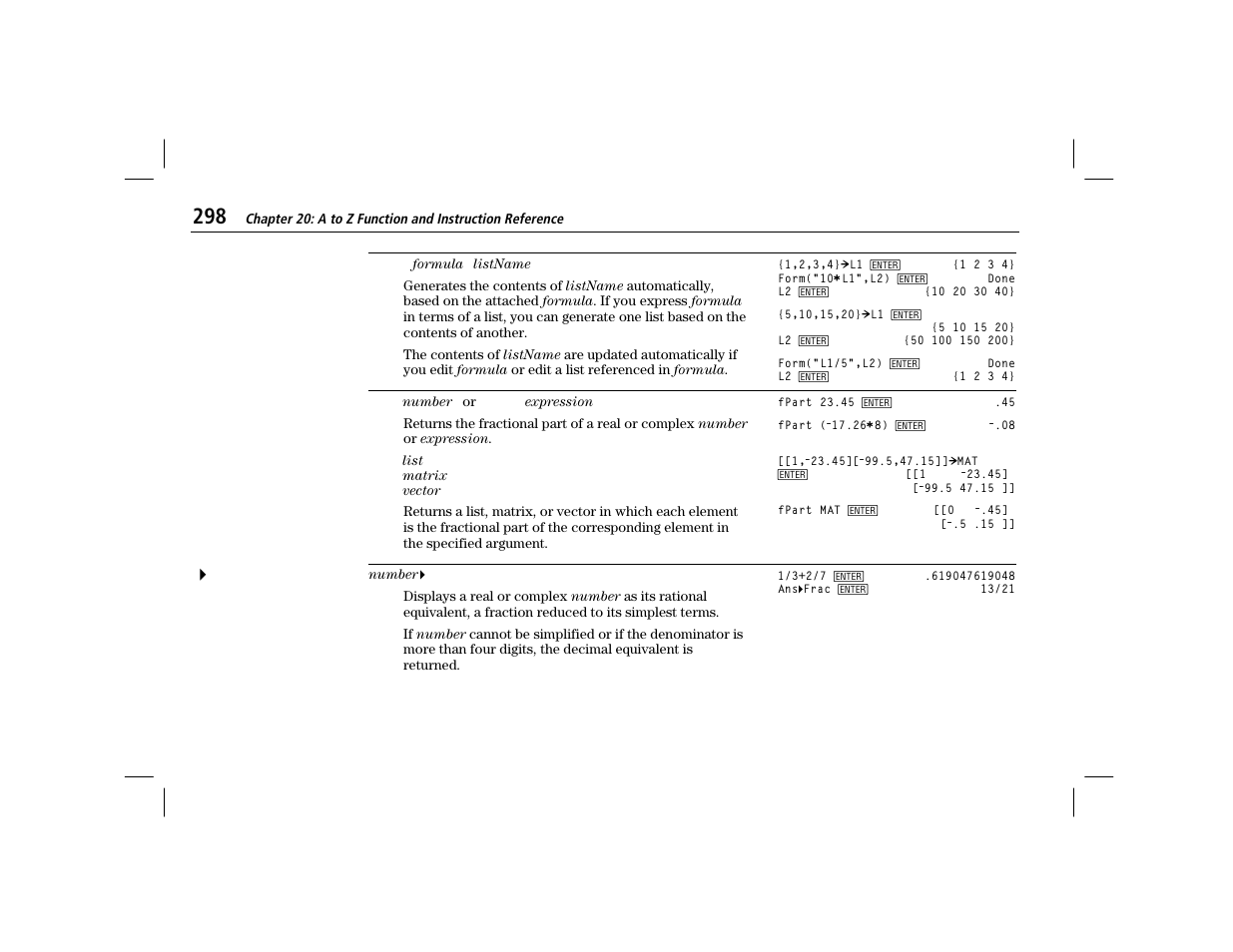 Form, Fpart, Frac | Texas Instruments TI-86 User Manual | Page 310 / 431