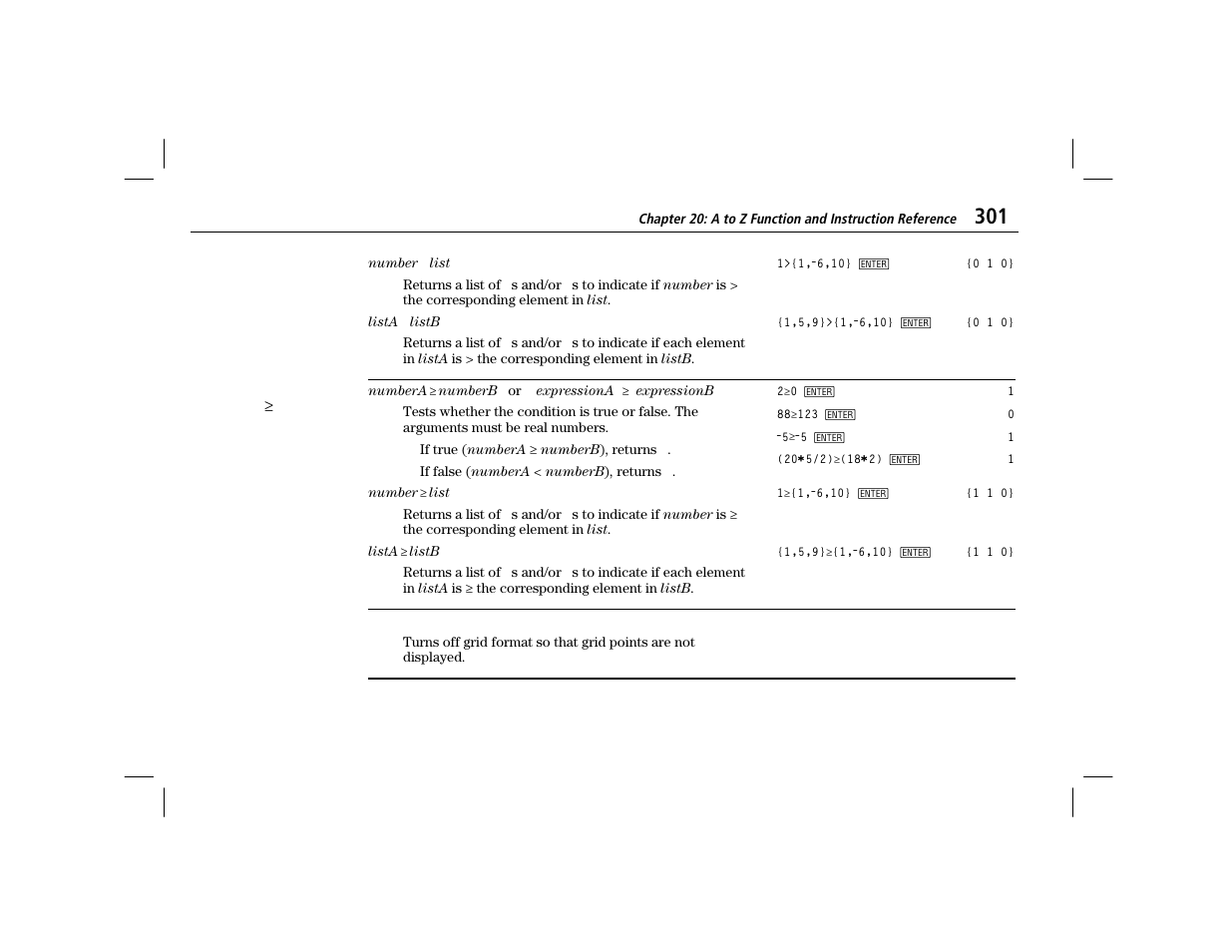 Greater than or equal to, Gridoff | Texas Instruments TI-86 User Manual | Page 313 / 431