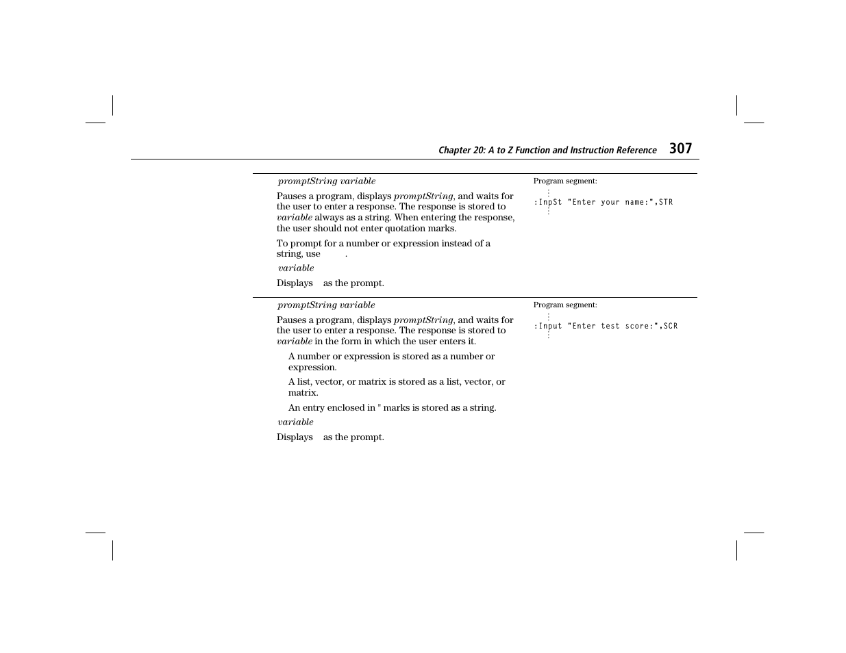 Inpst, Input | Texas Instruments TI-86 User Manual | Page 319 / 431