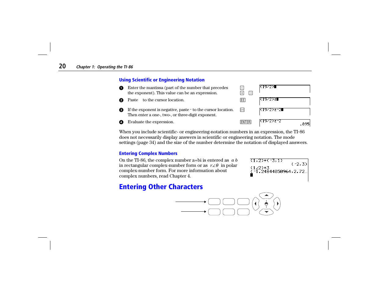 Using scientific or engineering notation, Entering complex numbers, Entering other characters | Texas Instruments TI-86 User Manual | Page 32 / 431