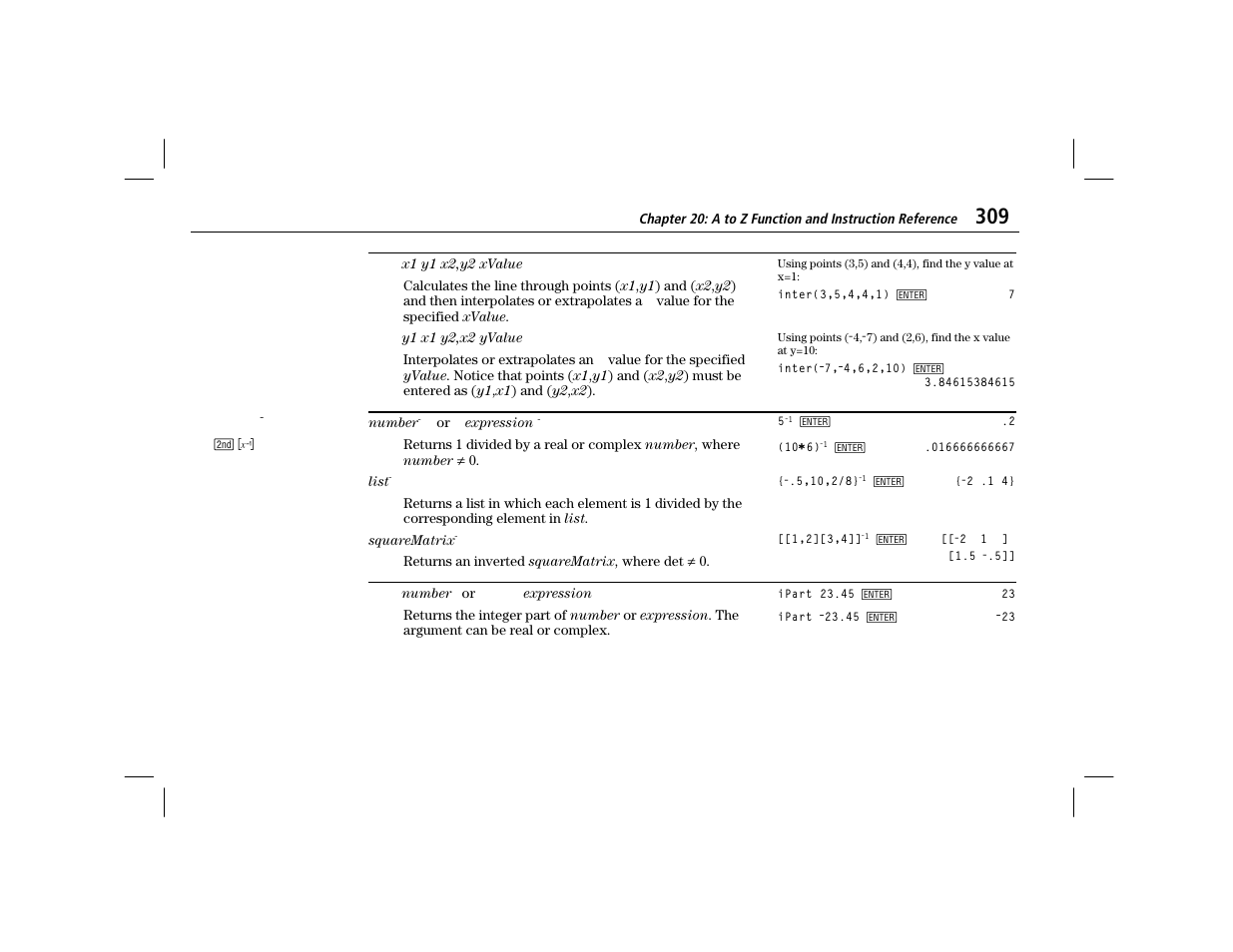 Inter, Inverse: ^-1, Ipart | Texas Instruments TI-86 User Manual | Page 321 / 431