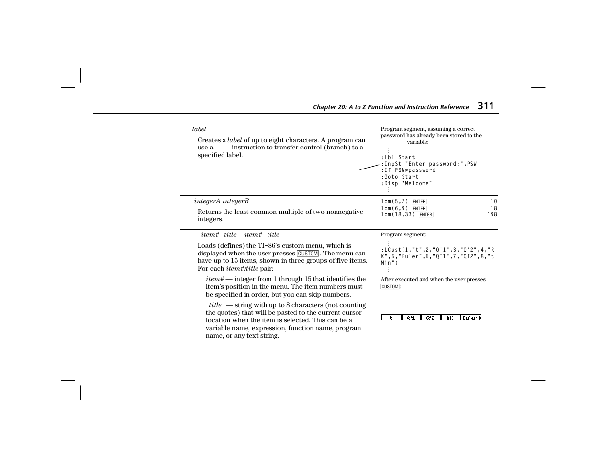 Lcust | Texas Instruments TI-86 User Manual | Page 323 / 431