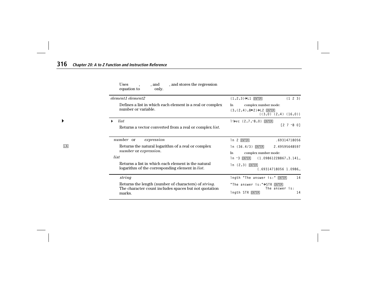 List entry, Li>vc, Lngth | Texas Instruments TI-86 User Manual | Page 328 / 431