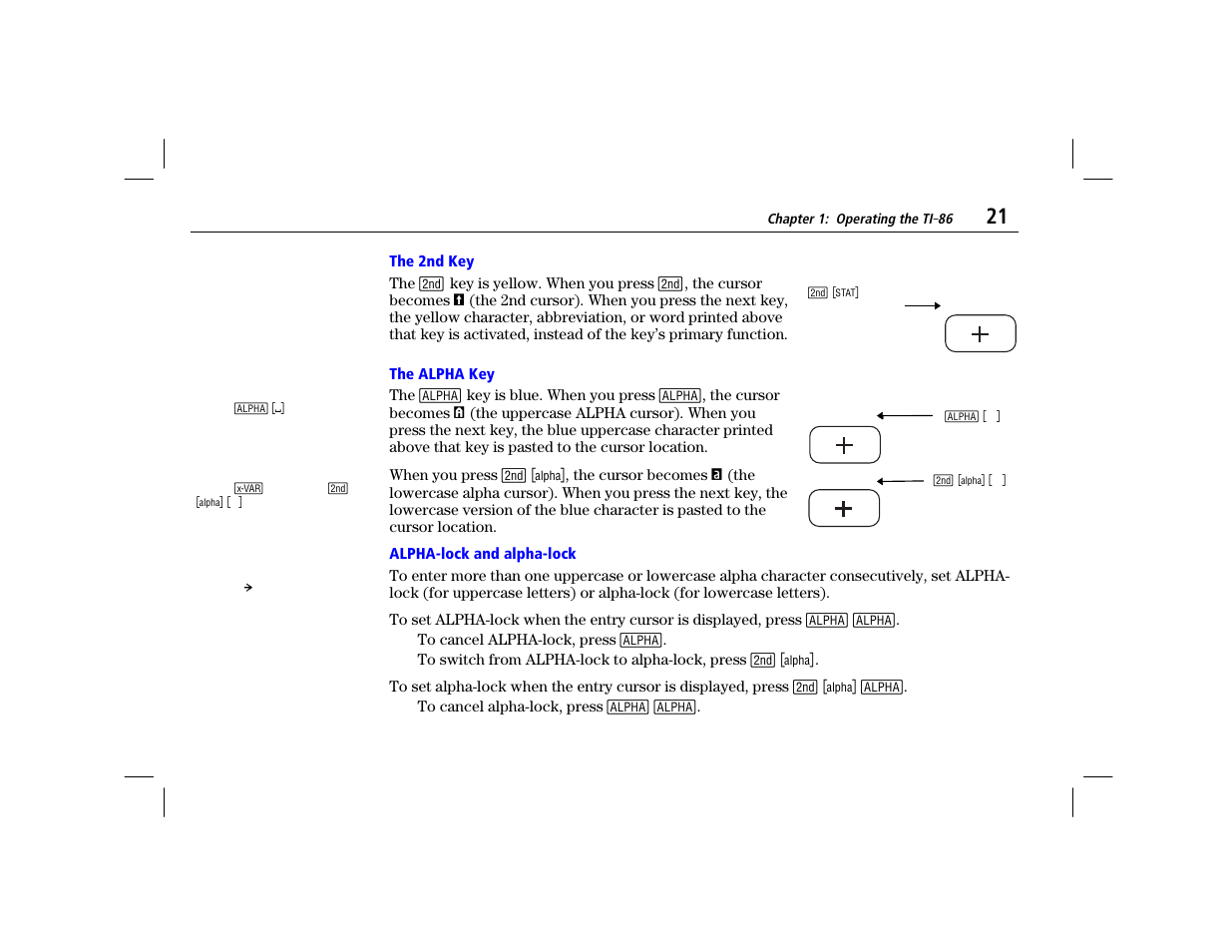 The 2nd key, The alpha key, Alpha-lock and alpha-lock | Texas Instruments TI-86 User Manual | Page 33 / 431