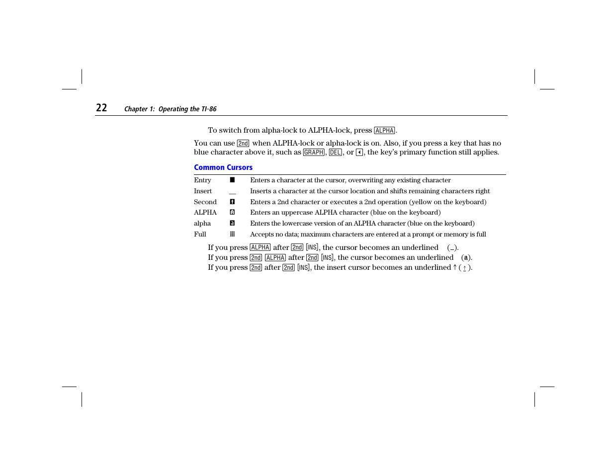 Common cursors | Texas Instruments TI-86 User Manual | Page 34 / 431