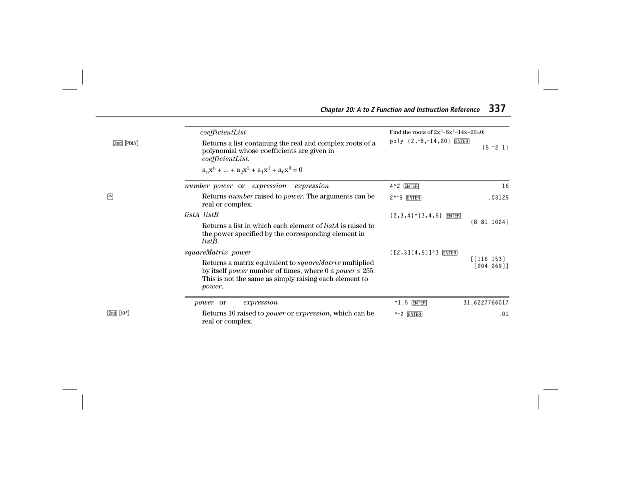 Poly, Power, Power of 10: 10 | Texas Instruments TI-86 User Manual | Page 349 / 431