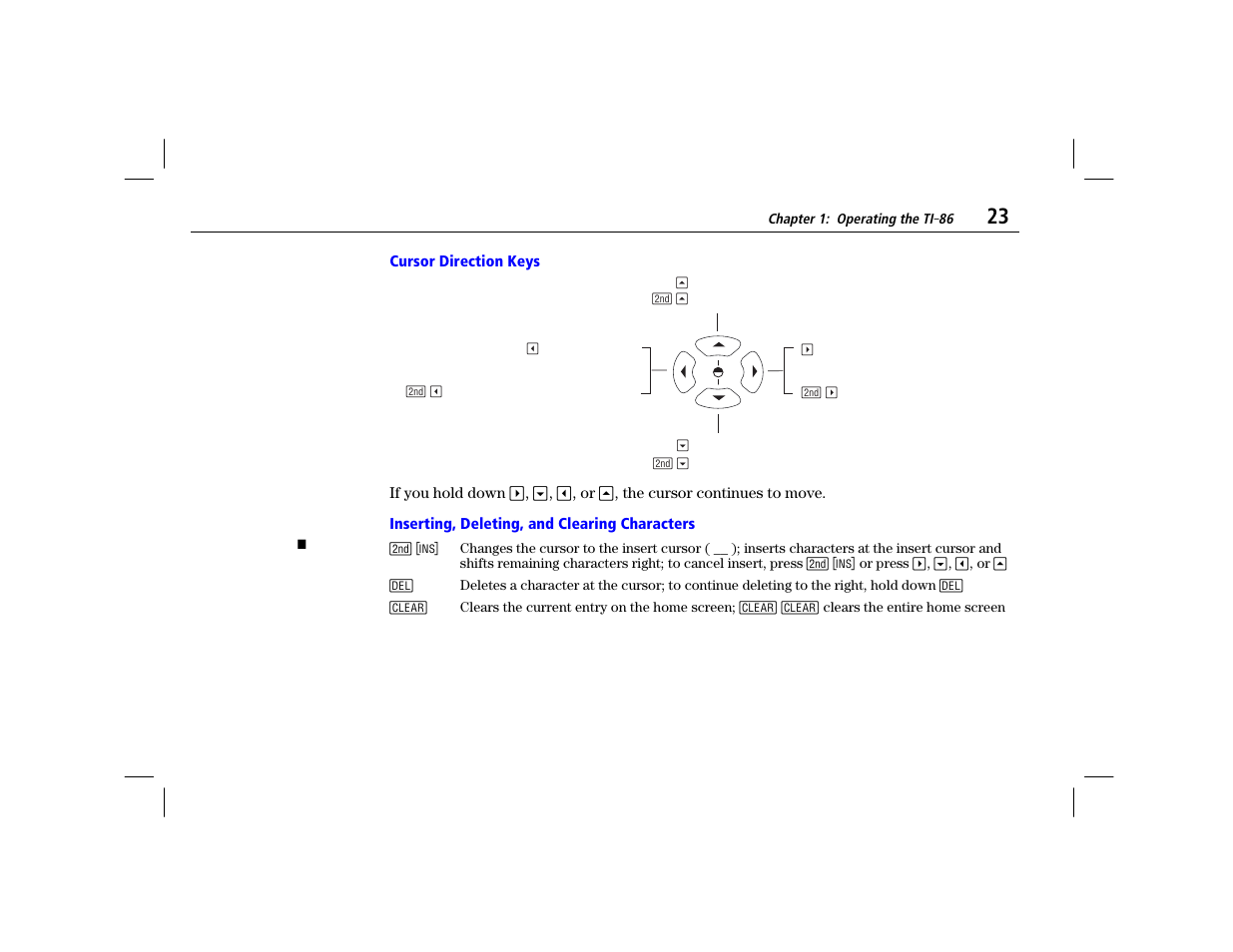 Cursor direction keys, Inserting, deleting, and clearing characters | Texas Instruments TI-86 User Manual | Page 35 / 431