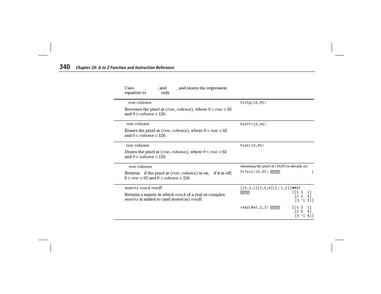 Pxchg, Pxoff, Pxon | Pxtest, Radd | Texas Instruments TI-86 User Manual | Page 352 / 431