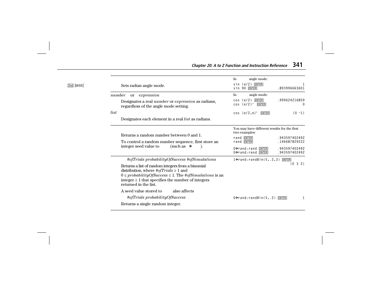 Radian, Radian entry: r, Rand | Randbin | Texas Instruments TI-86 User Manual | Page 353 / 431