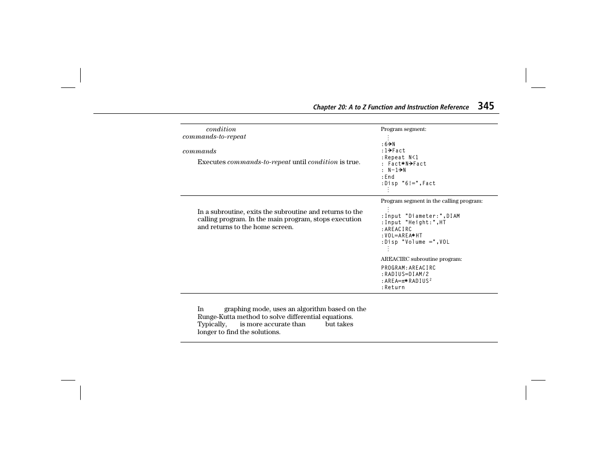 Repeat, Return | Texas Instruments TI-86 User Manual | Page 357 / 431
