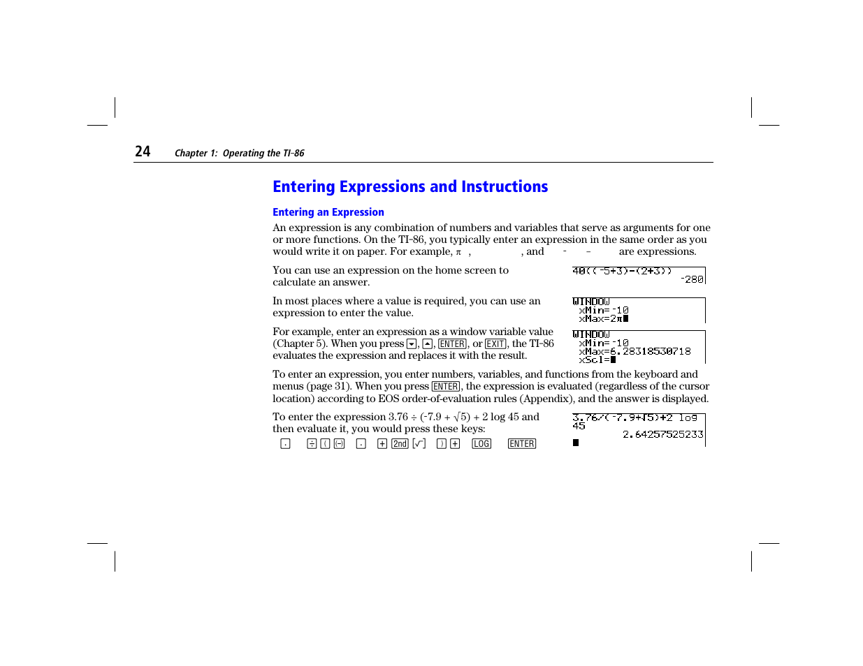 Entering expressions and instructions, Entering an expression | Texas Instruments TI-86 User Manual | Page 36 / 431