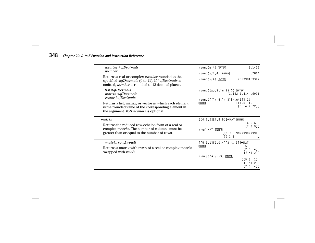 Round, Rref, Rswap | Texas Instruments TI-86 User Manual | Page 360 / 431