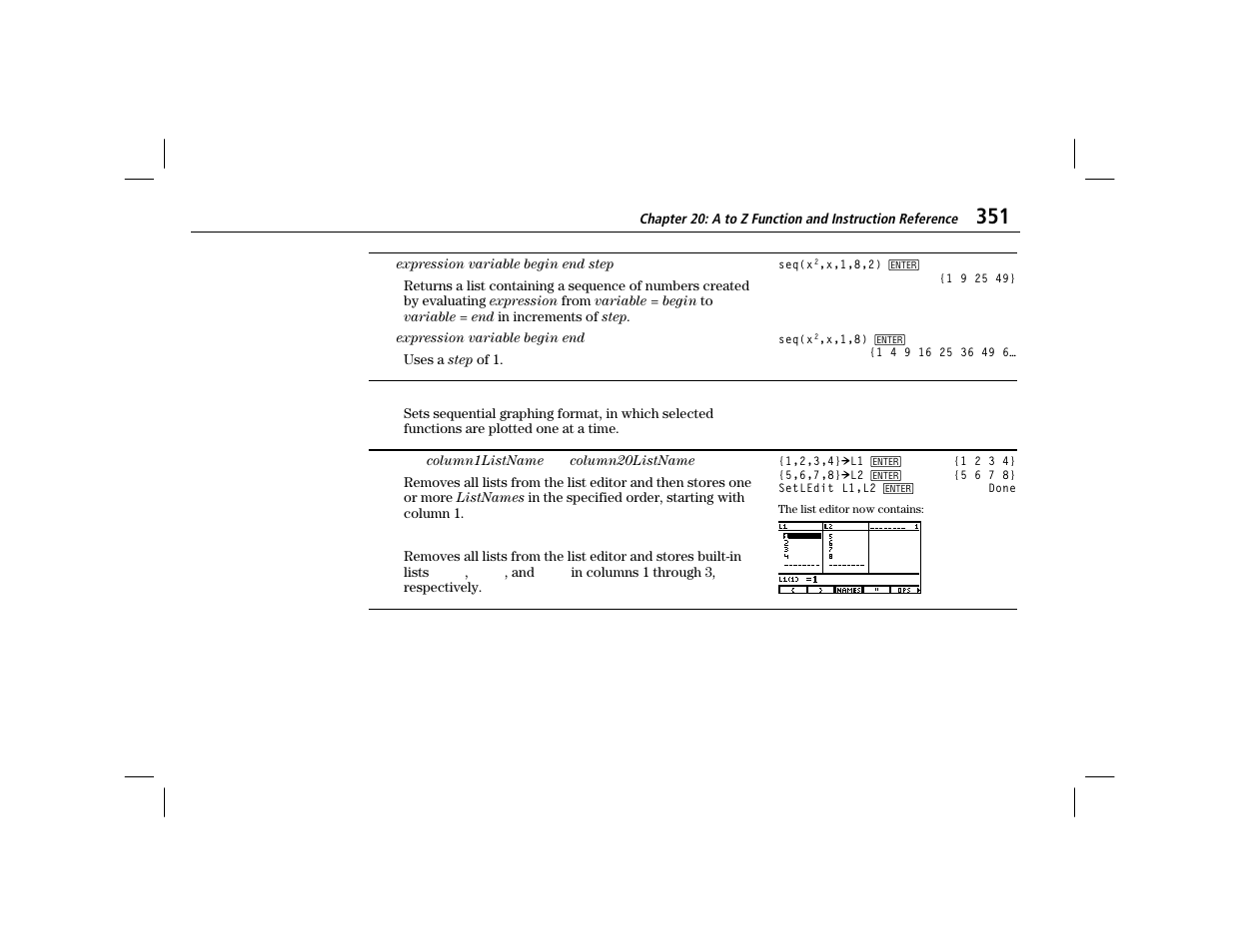 Seqg, Setledit | Texas Instruments TI-86 User Manual | Page 363 / 431