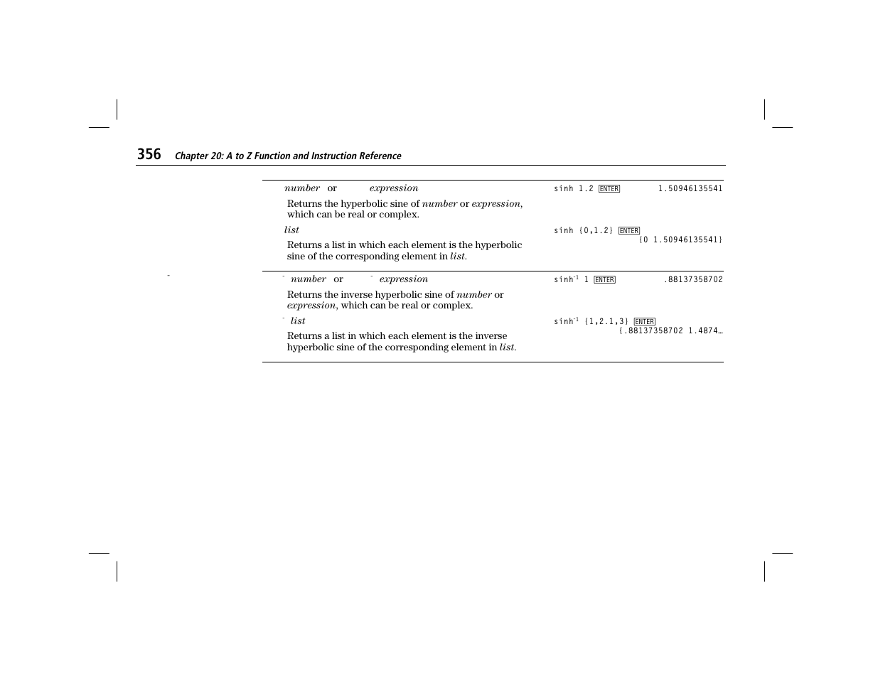 Sinh, Sinh^-1 | Texas Instruments TI-86 User Manual | Page 368 / 431