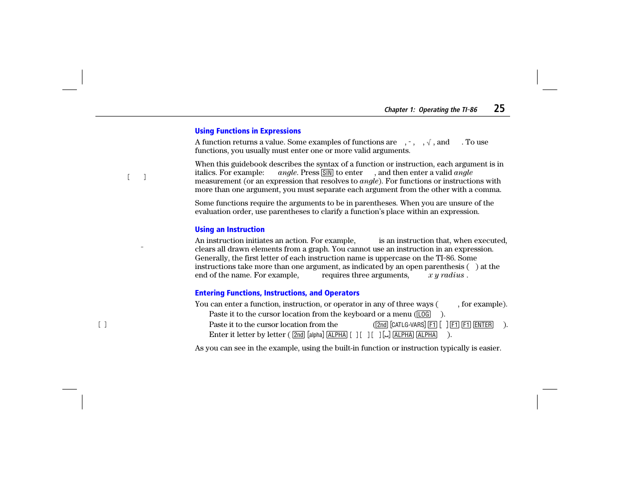 Using functions in expressions, Using an instruction, Entering functions, instructions, and operators | Texas Instruments TI-86 User Manual | Page 37 / 431