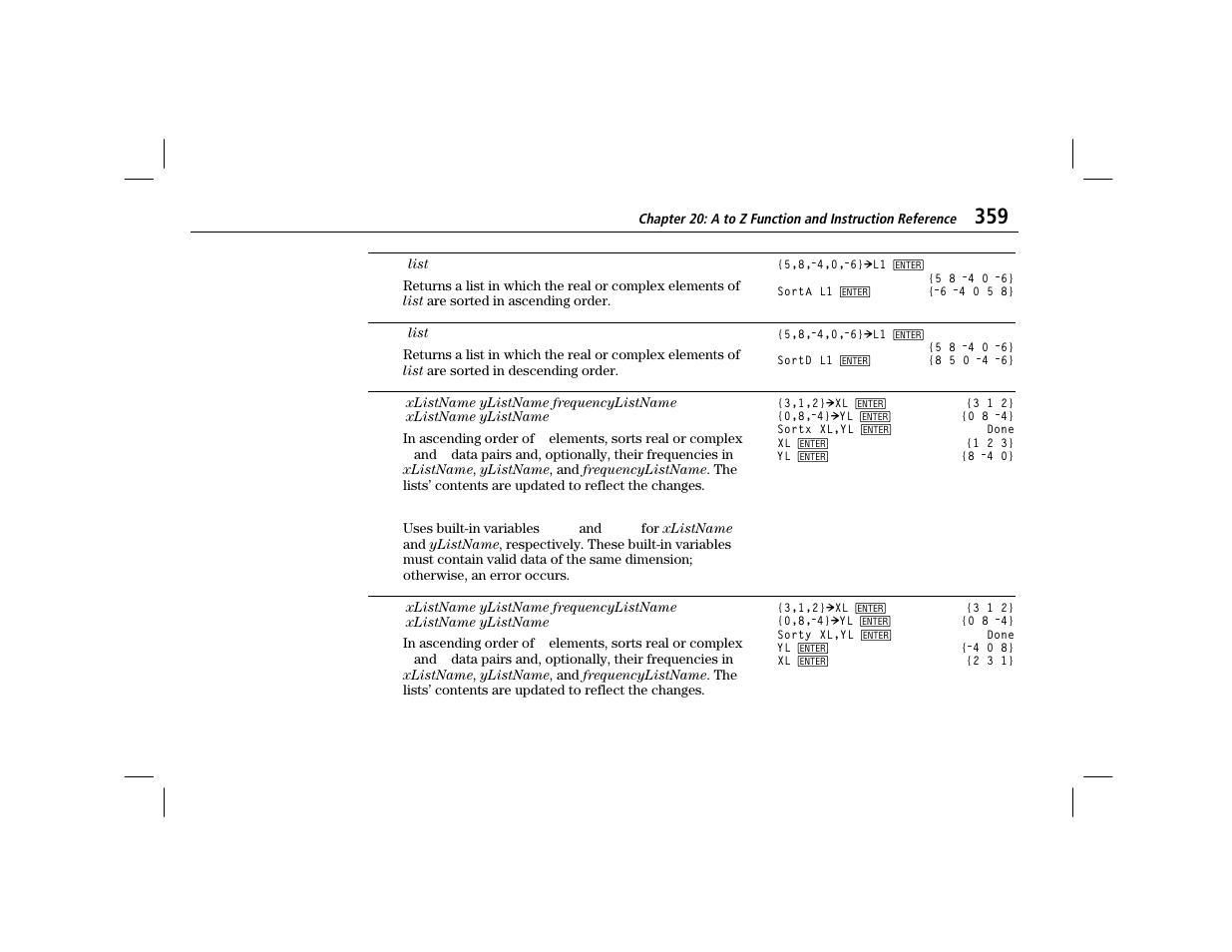 Sorta, Sortd, Sortx | Sorty | Texas Instruments TI-86 User Manual | Page 371 / 431