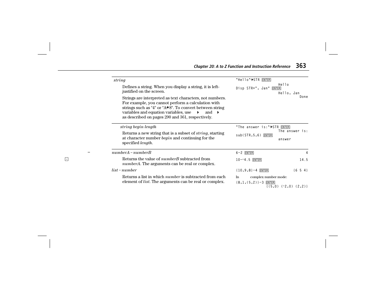 String entry, Subtraction | Texas Instruments TI-86 User Manual | Page 375 / 431