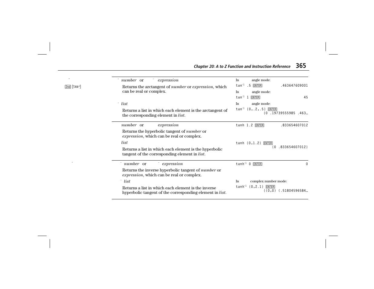 Tan^-1, Tanh, Tanh^-1 | Texas Instruments TI-86 User Manual | Page 377 / 431