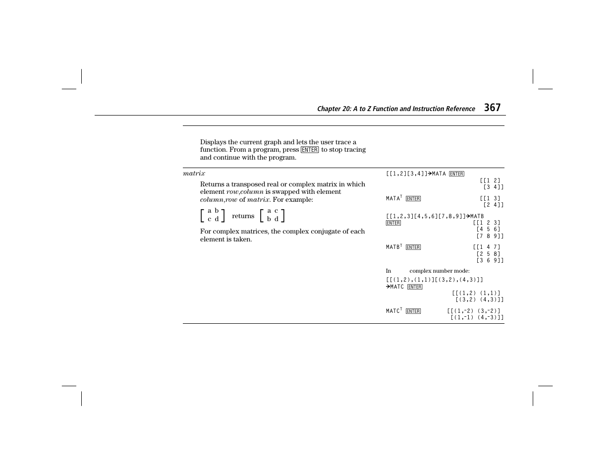 Trace, Transpose: t | Texas Instruments TI-86 User Manual | Page 379 / 431