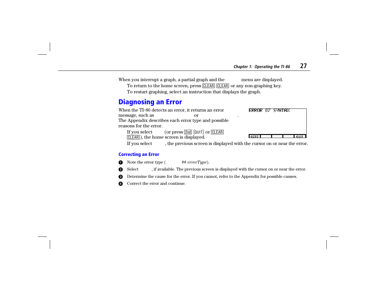 Diagnosing an error, Correcting an error | Texas Instruments TI-86 User Manual | Page 39 / 431