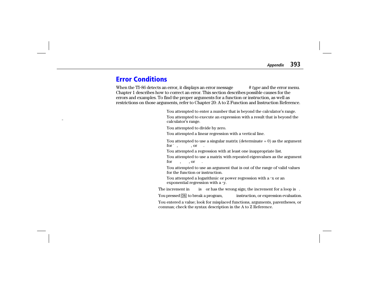 Error conditions | Texas Instruments TI-86 User Manual | Page 405 / 431