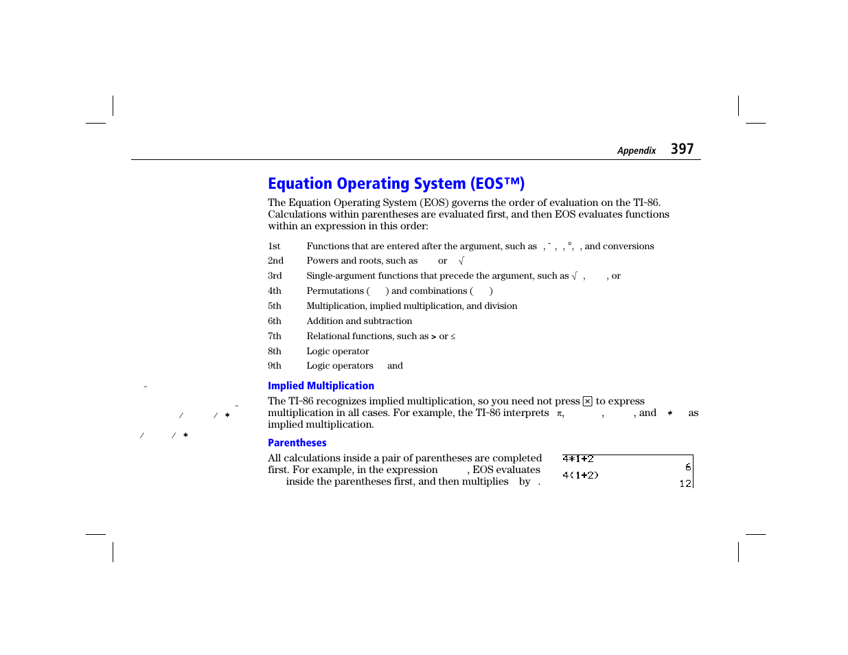 Equation operating system (eos™), Implied multiplication, Parentheses | Texas Instruments TI-86 User Manual | Page 409 / 431