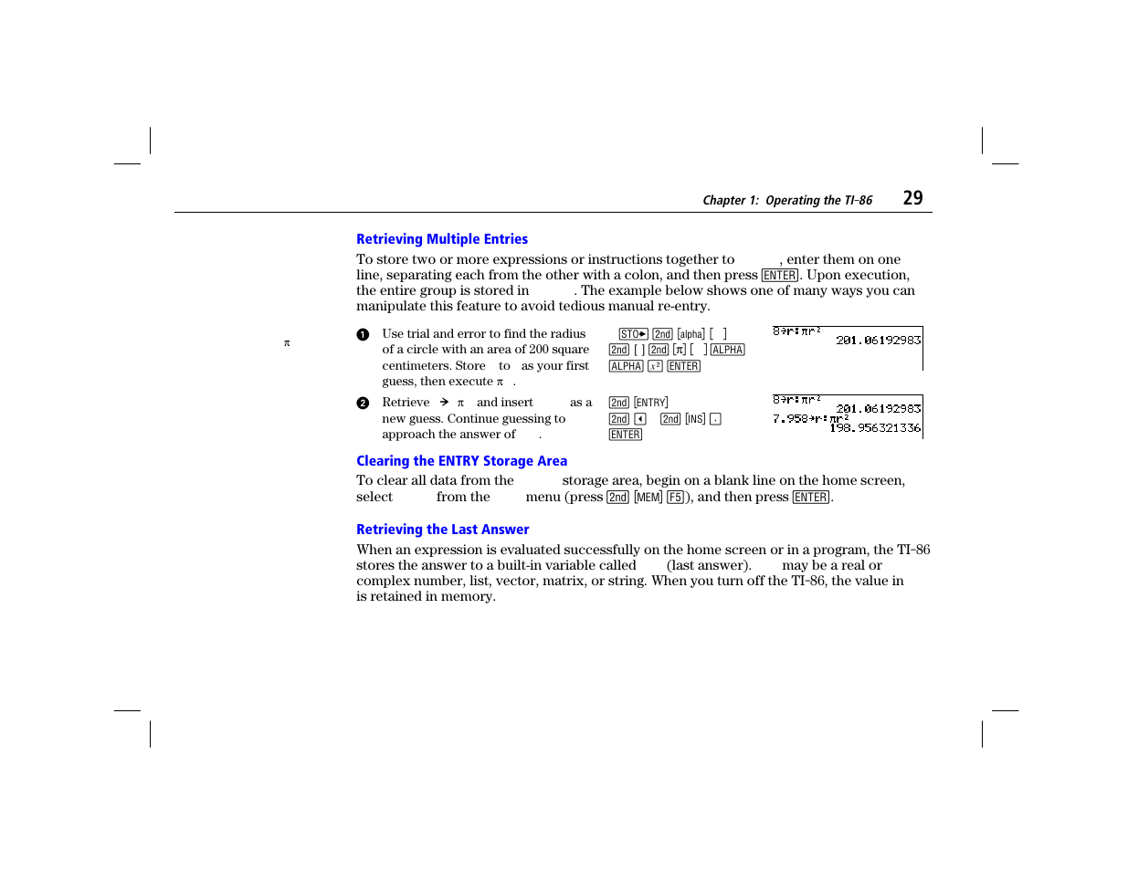 Retrieving multiple entries, Clearing the entry storage area, Retrieving the last answer | Texas Instruments TI-86 User Manual | Page 41 / 431