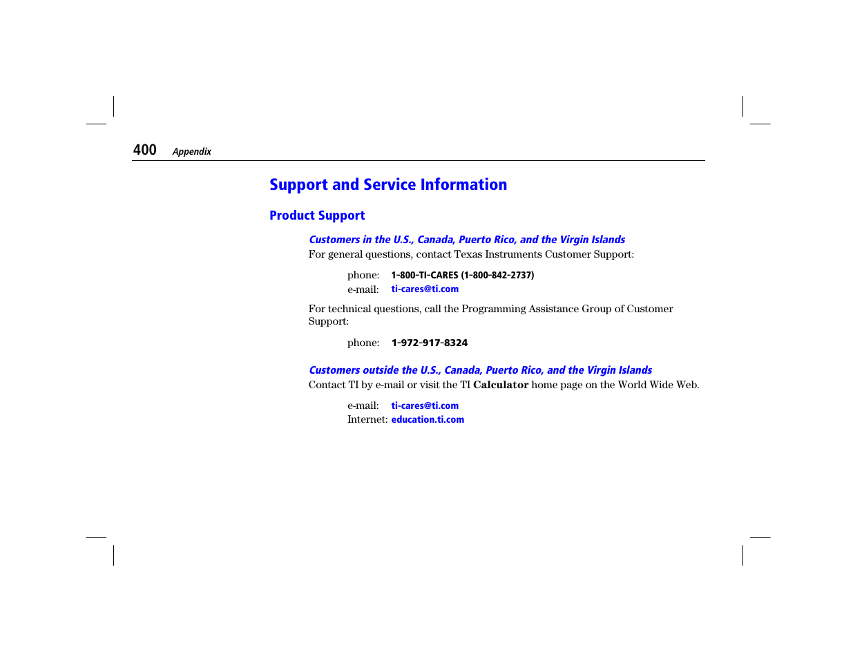 Support and service information, Product support | Texas Instruments TI-86 User Manual | Page 412 / 431