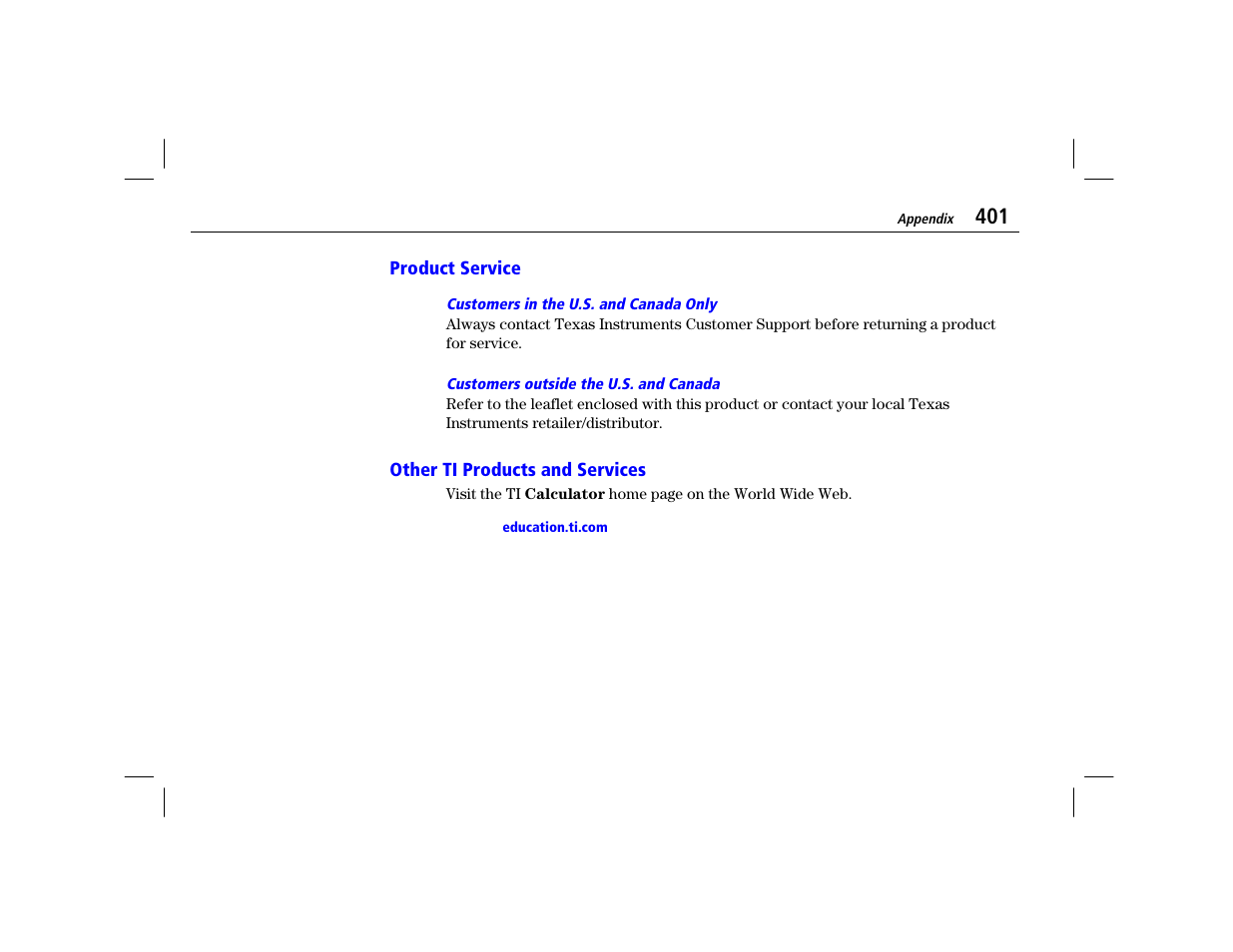 Product service, Other ti products and services | Texas Instruments TI-86 User Manual | Page 413 / 431