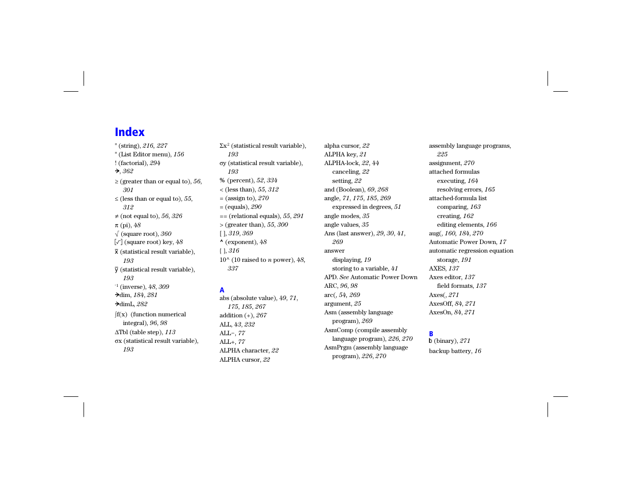 Index, A, b | Texas Instruments TI-86 User Manual | Page 417 / 431