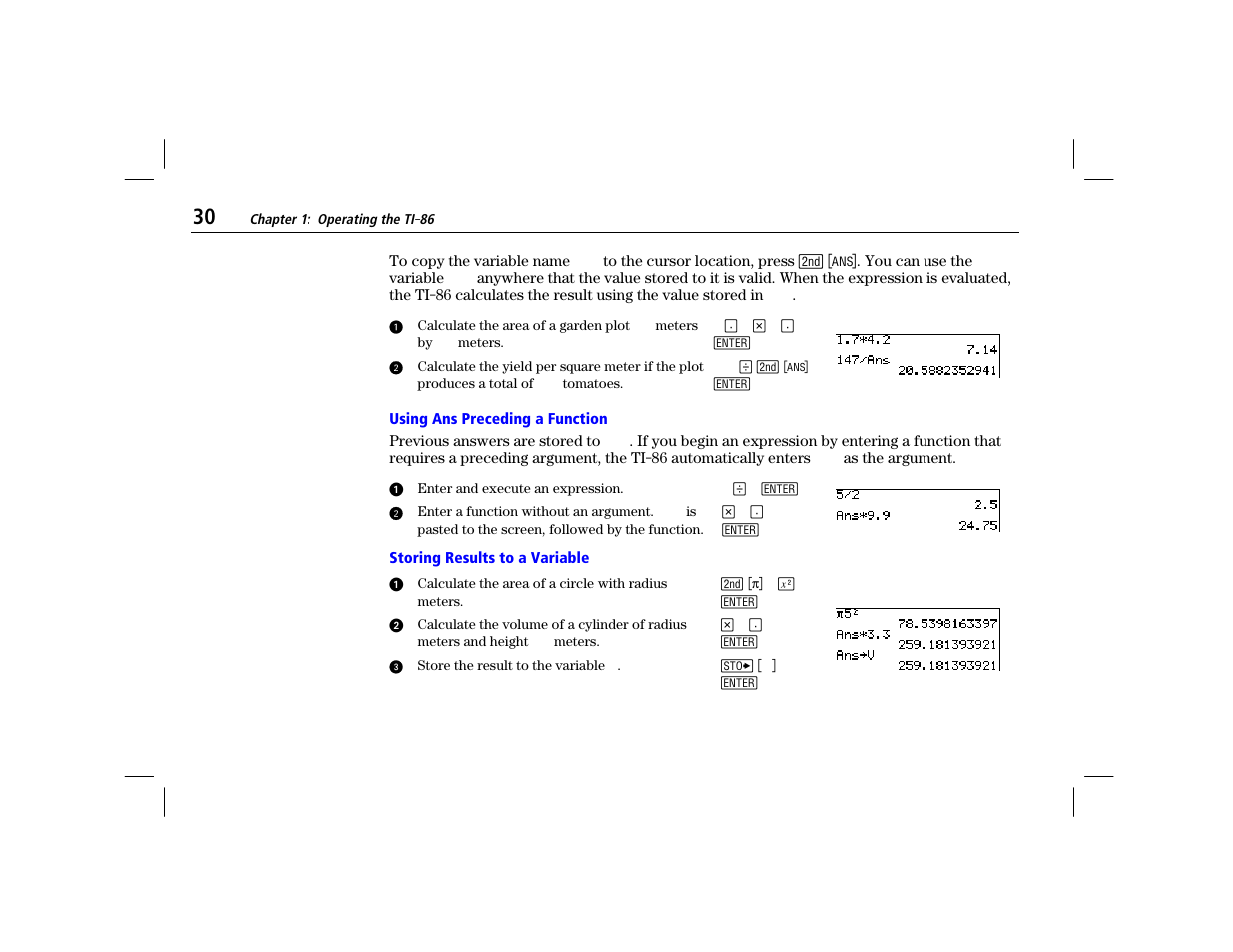 Using ans preceding a function, Storing results to a variable | Texas Instruments TI-86 User Manual | Page 42 / 431